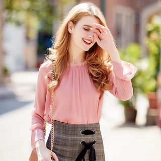 Pink Sweet Girl Flute Sleeve Ruffle Neck Chiffon Blouse | VoguesUs