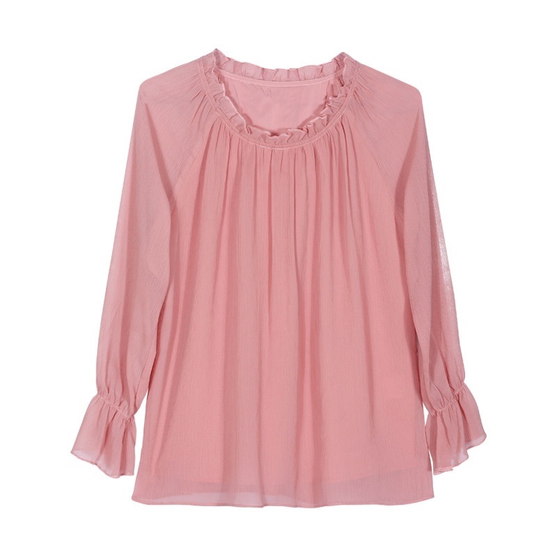 Pink Sweet Girl Flute Sleeve Ruffle Neck Chiffon Blouse | VoguesUs