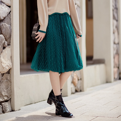 Women's Stripe Pleated Double Layer Mesh Skirt | VoguesUs