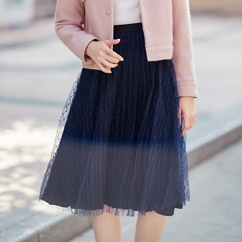 Women's Stripe Pleated Double Layer Mesh Skirt | VoguesUs