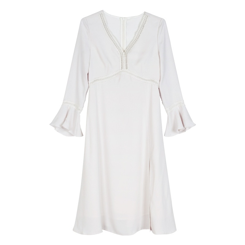 Women's White Flute Sleeve V Neck Side Split Dress | VoguesUs
