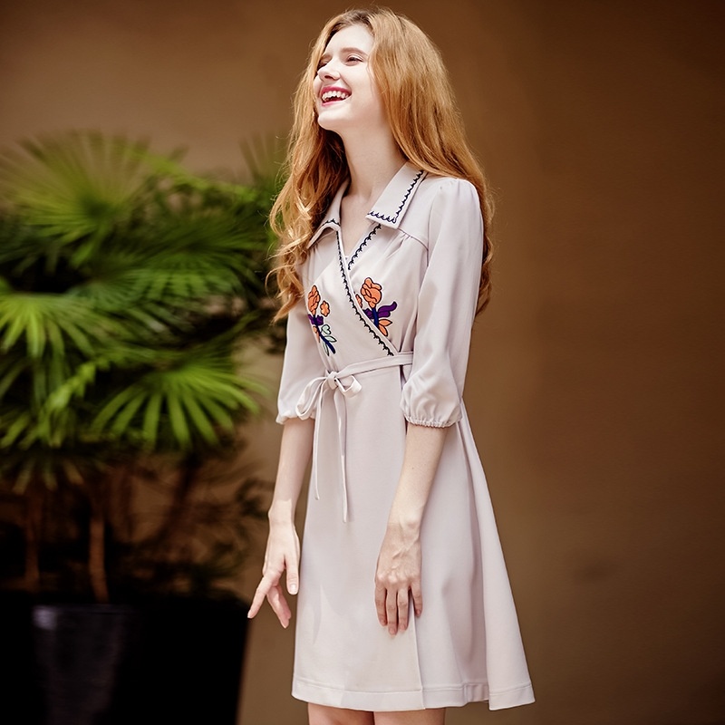Floral Embroidery Lapel Half Sleeves Dress With Tie Waist | VoguesUs