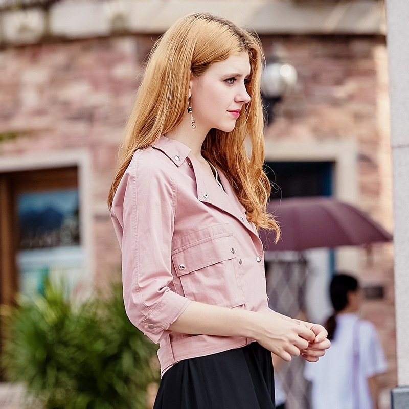 3/4 Sleeve Lapel Flap Pockets Short Jacket With Metallic Buttons |