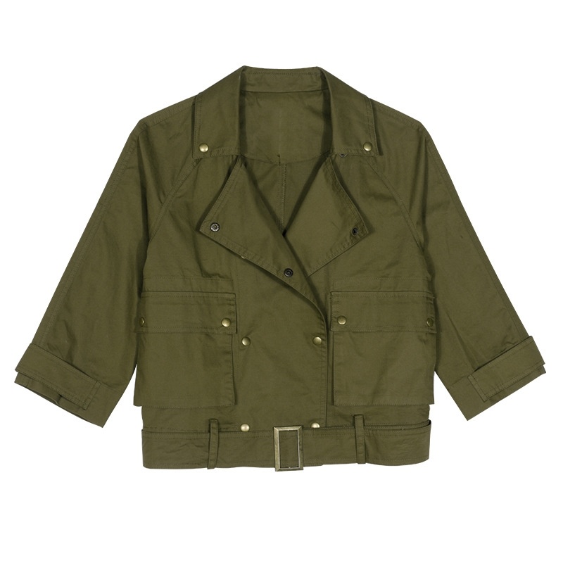 3/4 Manga Solapa Bolsillos Con Solapa Chaqueta Corta Con Botones