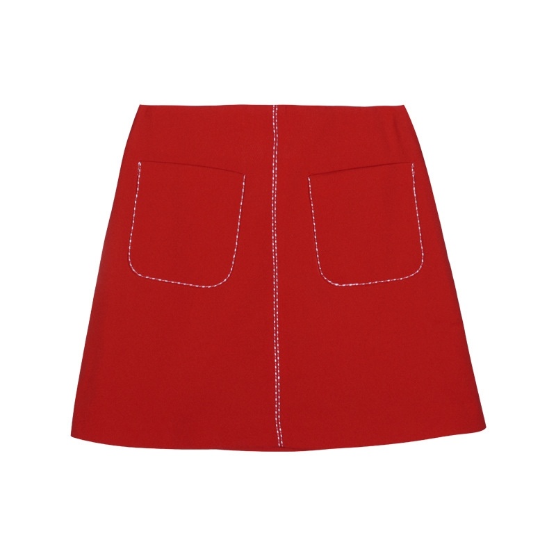 Frauen Rot A-Linie Stitching-Detail Rock Mit Pattentaschen | VoguesUs