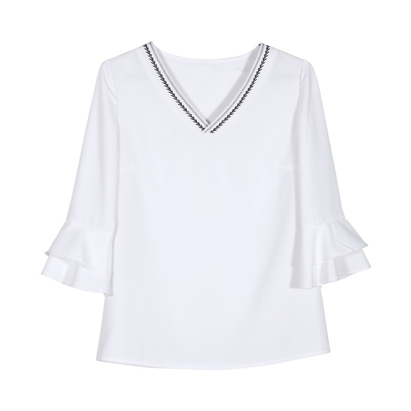 Mujer Blanco Manga 3/4 Volante Brazalete V Cuello de la Blusa