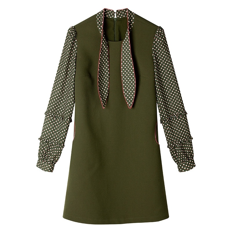 Damen Olive Drab Polka-Dot-Detail Midi Kleid Mit Bow Tie Hals |