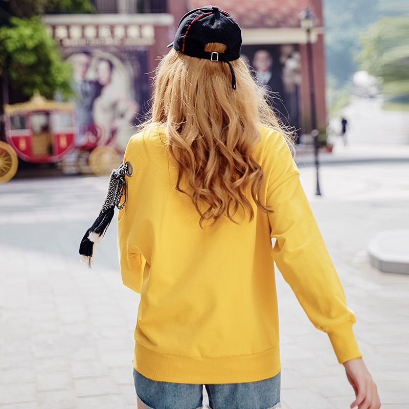 Solid Color Round Neck Cold Shoulder Boyfriend Knit Sweater With Tie