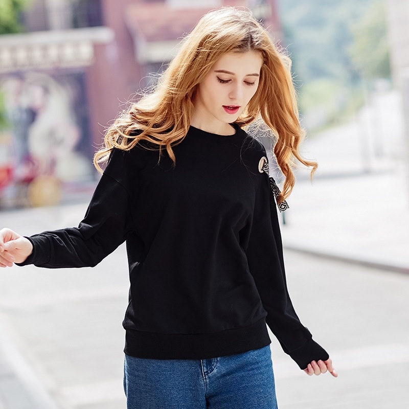 Solid Color Round Neck Cold Shoulder Boyfriend Knit Sweater With Tie