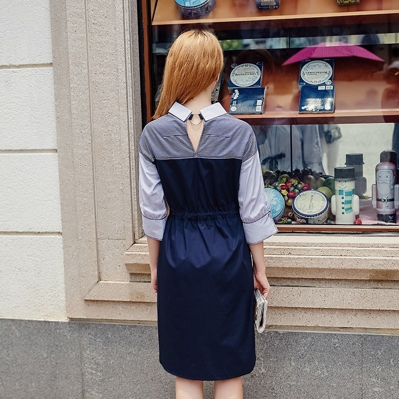Stripe Contrast Color Single Breasted Collar Detail Half Sleeve