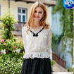 Women's V Neck Lace Frill Hem Blouse With Contrast Color Tie