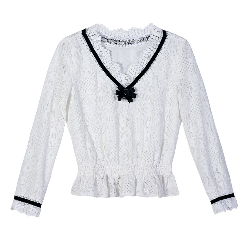 Treffer Die Farbe Neun Punkte Ärmel Bogen-V-Kragen-Kragen Lace Hemd