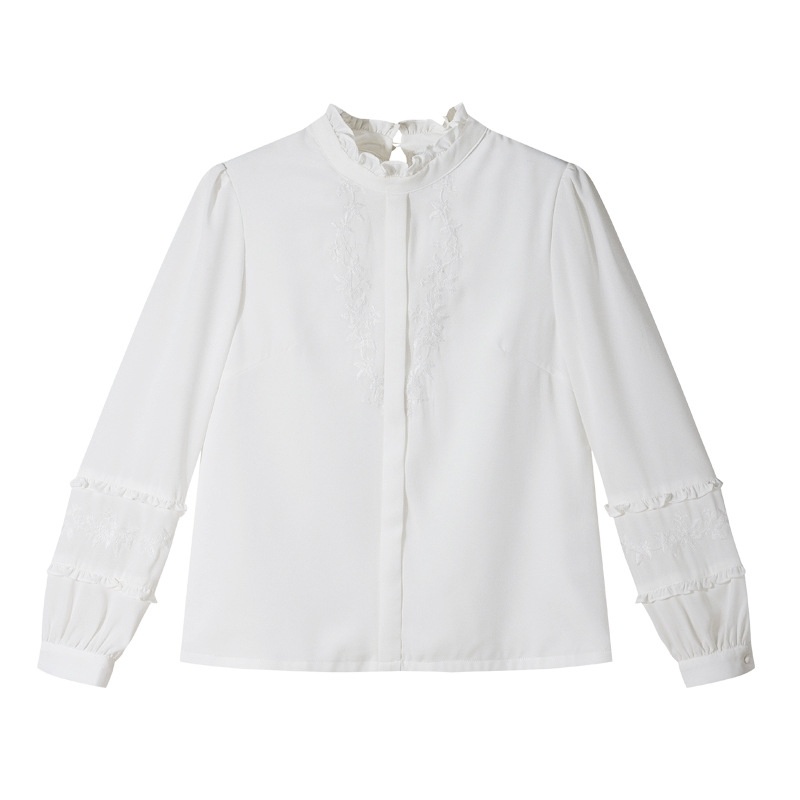 De Cuello Blanco Bordado De Manga Larga Camisa Tejida