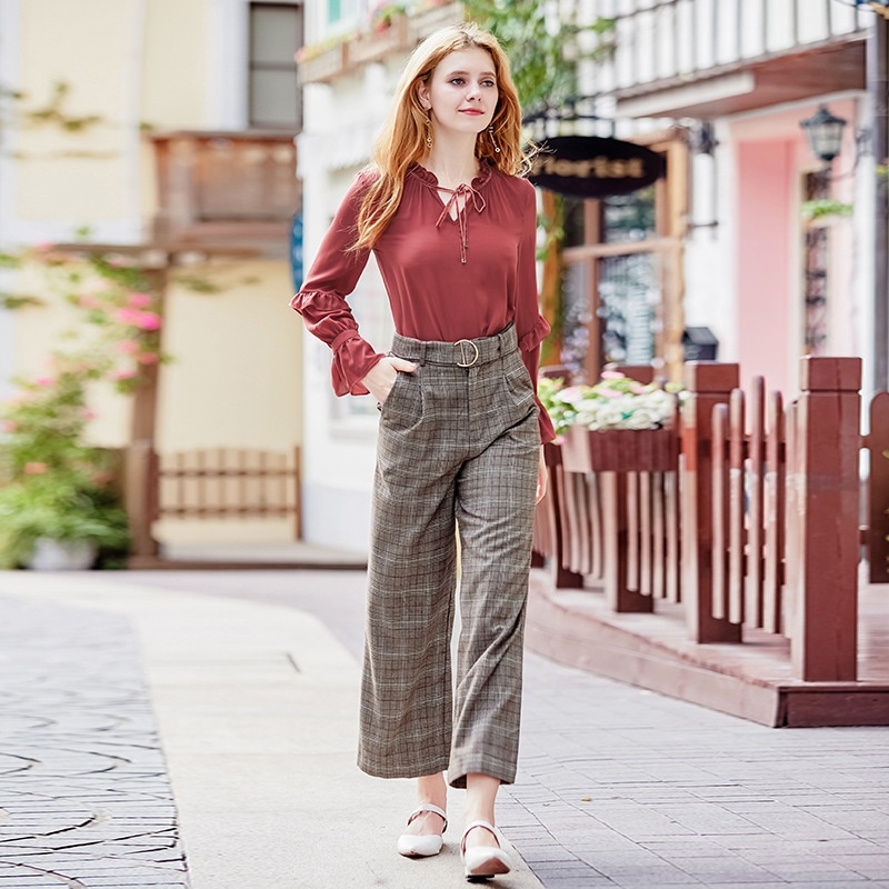 Retro England Lattice Pants Casual Wild Ladies Wide Leg Pants