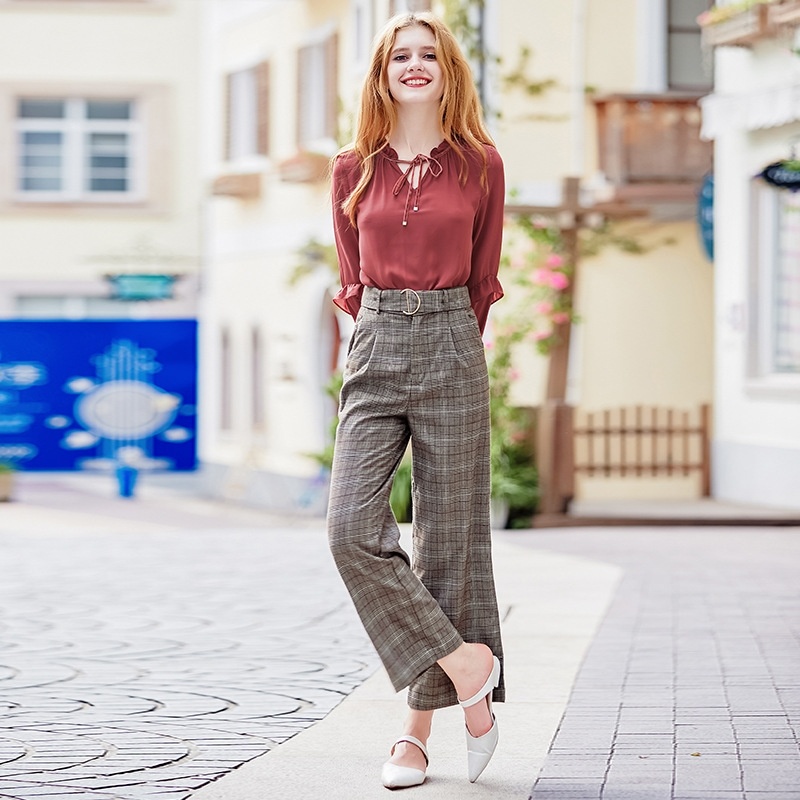 Rétro Angleterre Treillis Pantalon Décontracté Sauvage Dames Jambe Large Pantalon