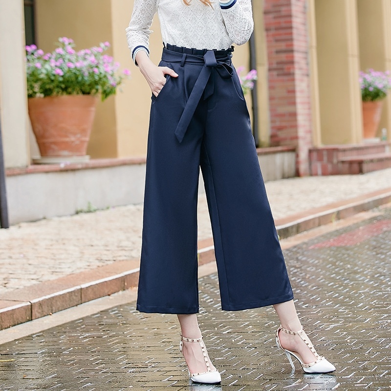 Solid Wood Ear Stitching Casual Wild Wide Leg Pants