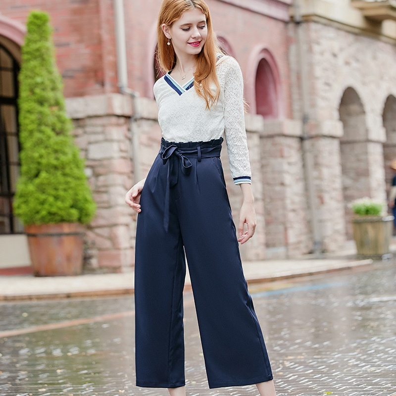 Solid Wood Ear Stitching Casual Wild Wide Leg Pants