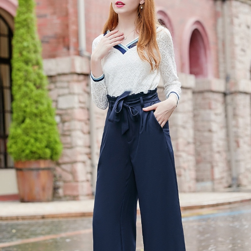 Solid Wood Ear Stitching Casual Wild Wide Leg Pants