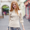Solid Color 3/4 Puff Sleeve Knit Sweater With Tie Waist