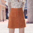 High Waist Metal Ring Zip Suedette Fluffy Skirt With Two Pocket