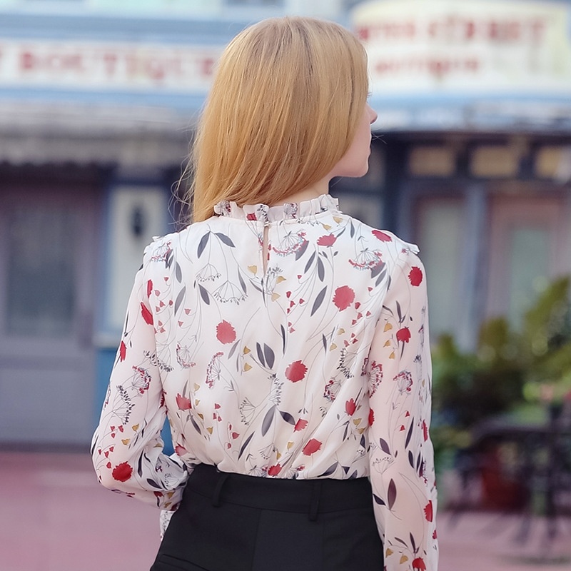 Douce Collier Collier Trompette Manches Imprimé De Neige En Mousseline De Soie Chemise