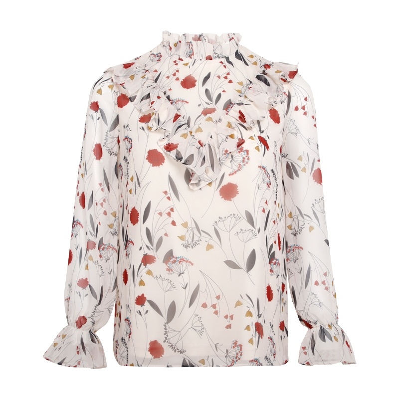 Douce Collier Collier Trompette Manches Imprimé De Neige En Mousseline De Soie Chemise