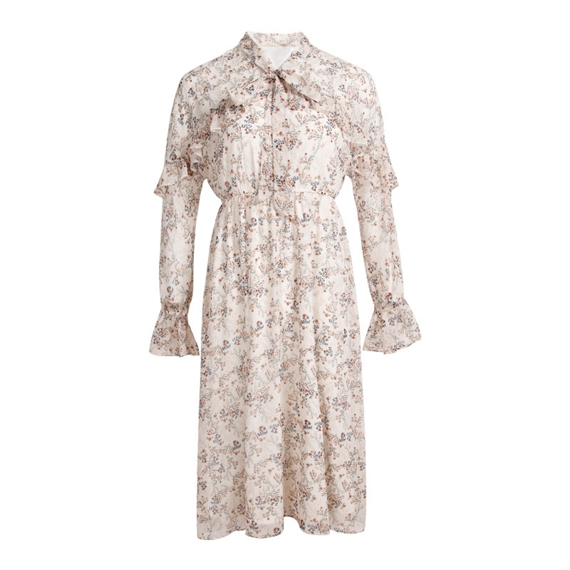 Gedruckt Lautsprecher Ärmel Lose Taille War Dünn Chiffon-Langes Kleid