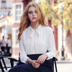White Bow Tie With Embroidered Light Mature Thin Sleeves Chiffon Shirt