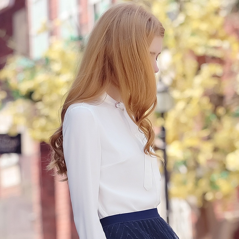 White Bow Tie With Embroidered Light Mature Thin Sleeves Chiffon Shirt