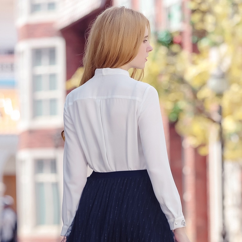 White Bow Tie With Embroidered Light Mature Thin Sleeves Chiffon Shirt