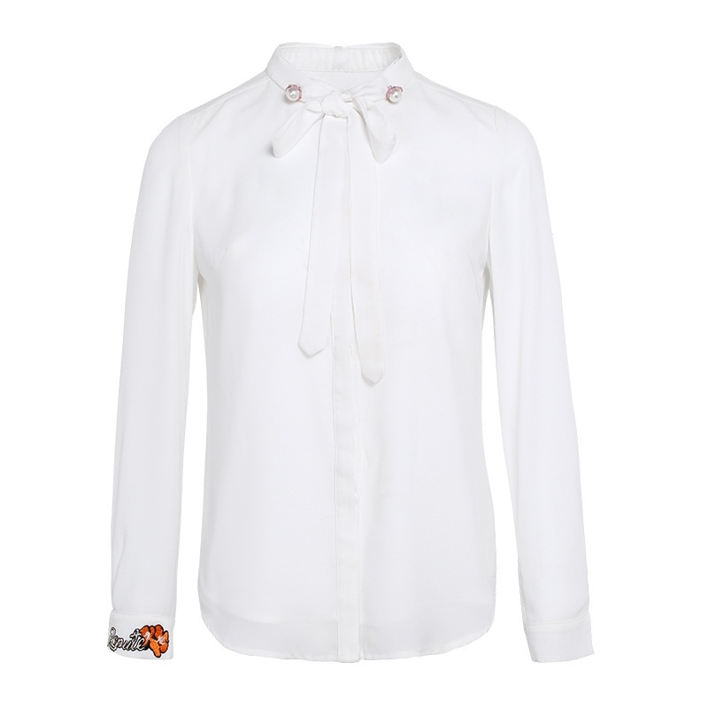 Blanc Noeud Papillon Brodé Avec De La Lumière Mature Mince Manches En Mousseline De Soie Chemise