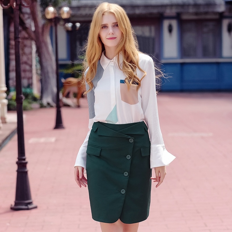 Hit The Color Lapel Horn Long Sleeve Lapel Temperament Wild Shirt