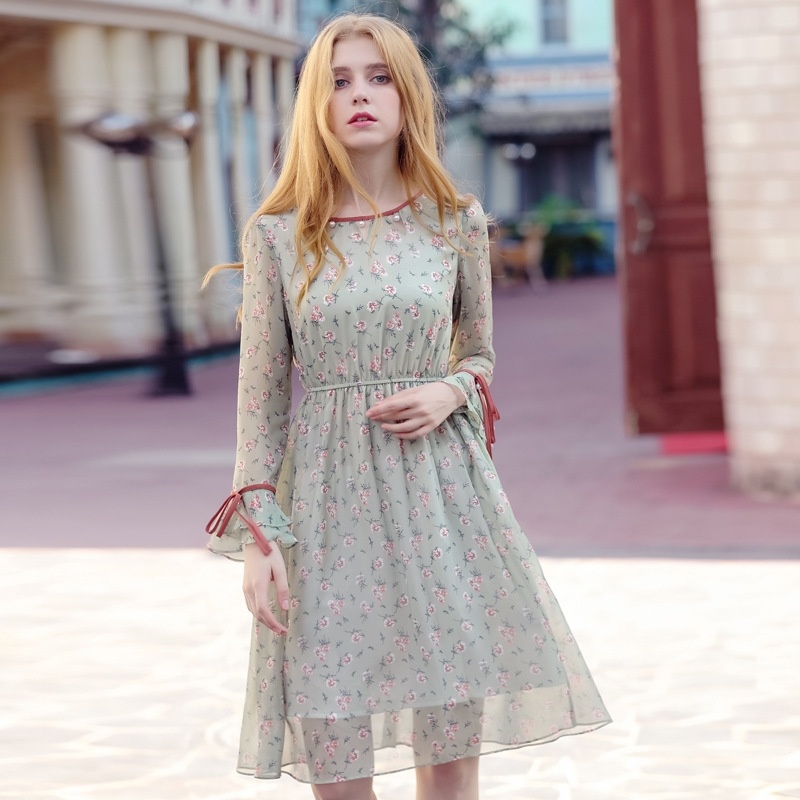 Round Neck Speaker Trumpet Chiffon Printed Lotus Leaf Dress