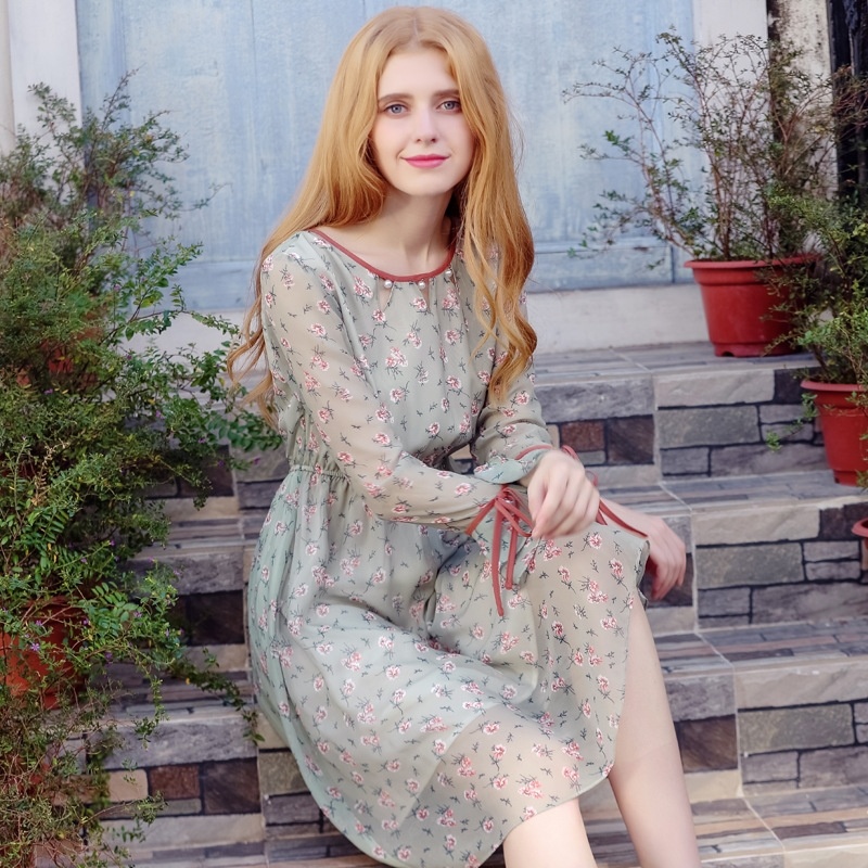 Round Neck Speaker Trumpet Chiffon Printed Lotus Leaf Dress