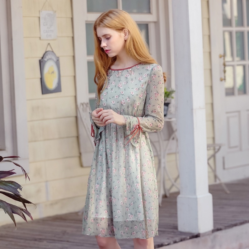 Round Neck Speaker Trumpet Chiffon Printed Lotus Leaf Dress