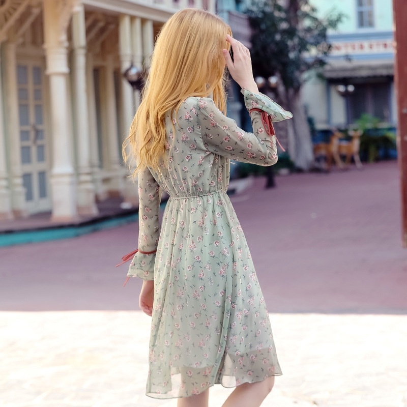 Round Neck Speaker Trumpet Chiffon Printed Lotus Leaf Dress