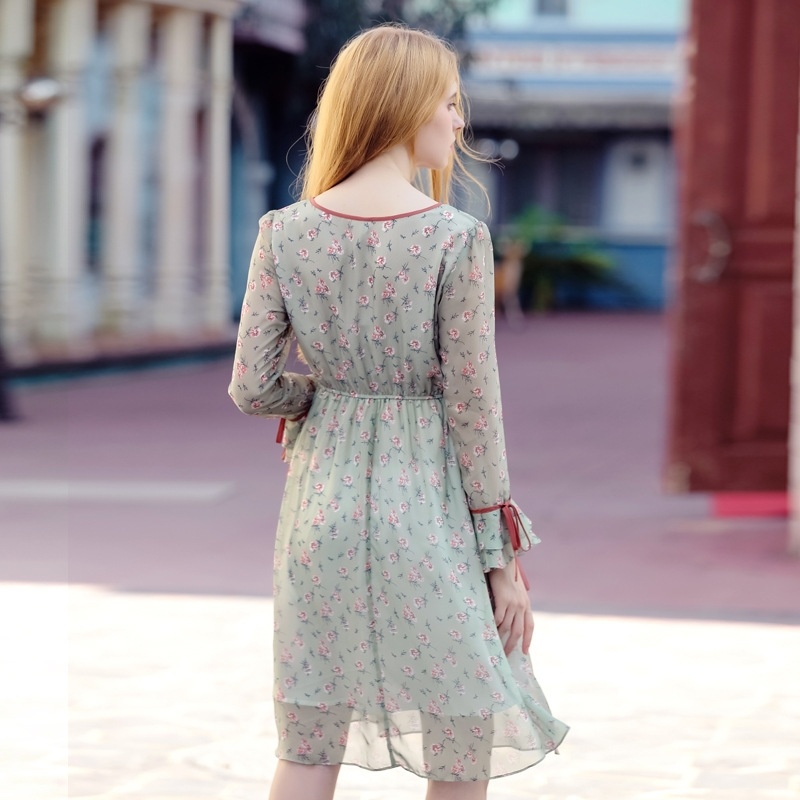 Round Neck Speaker Trumpet Chiffon Printed Lotus Leaf Dress