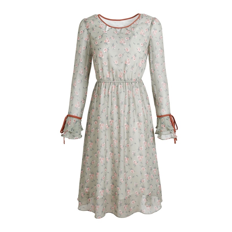 Round Neck Speaker Trumpet Chiffon Printed Lotus Leaf Dress