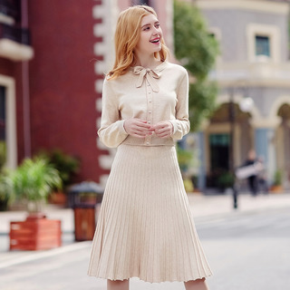 Couleur Unie Col Rond, De Pulls En Jersey Mince Jupe Plissée Deux Ensembles