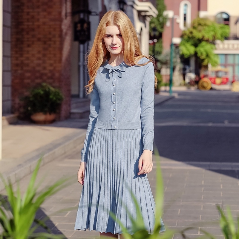 Solid Color Round Neck Pullovers Jersey Thin Pleated Skirt Two Sets