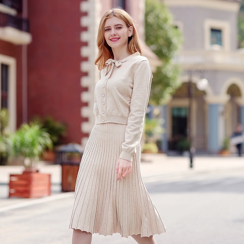 Solid Color Round Neck Pullovers Jersey Thin Pleated Skirt Two Sets