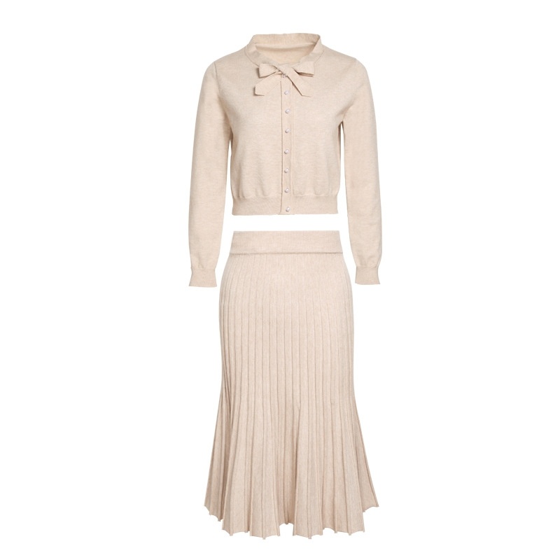 Solid Color Round Neck Pullovers Jersey Thin Pleated Skirt Two Sets