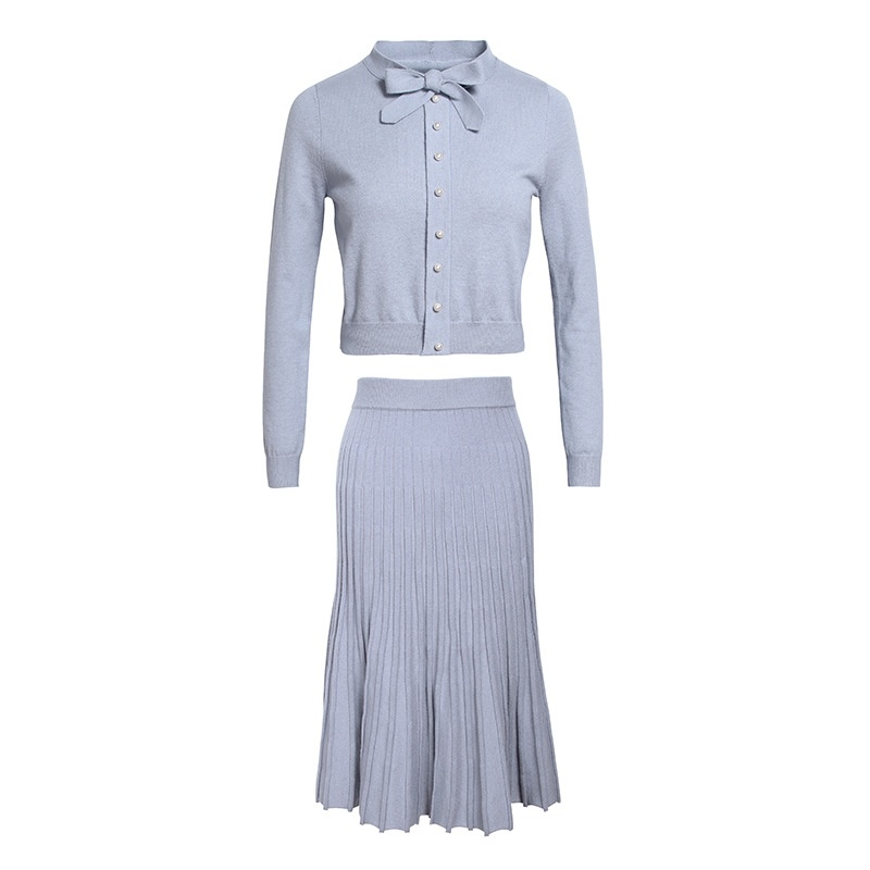 Solid Color Round Neck Pullovers Jersey Thin Pleated Skirt Two Sets