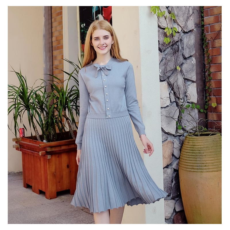 Solid Color Round Neck Pullovers Jersey Thin Pleated Skirt Two Sets