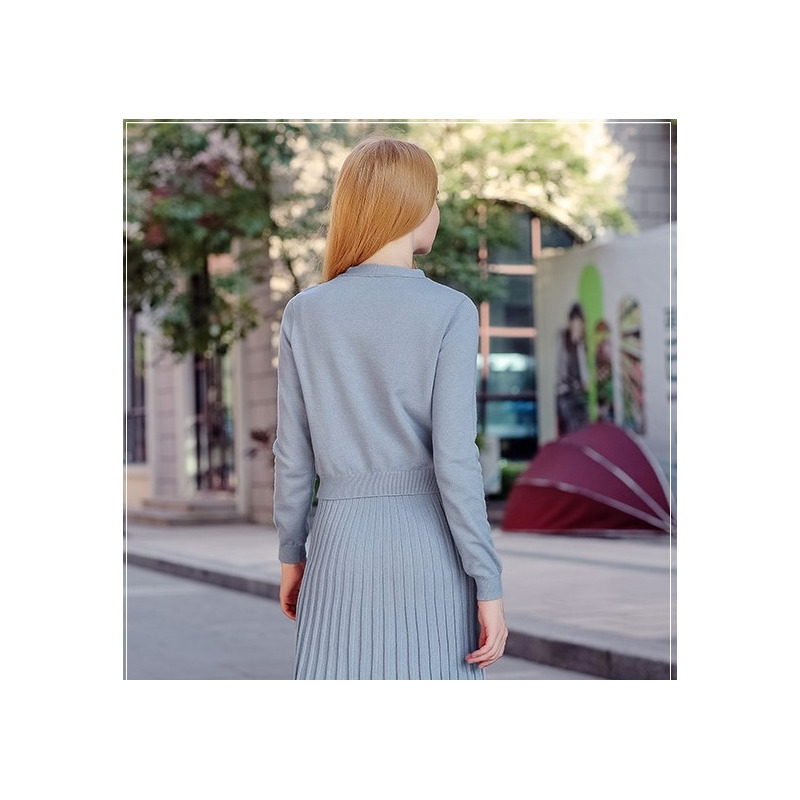 Solid Color Round Neck Pullovers Jersey Thin Pleated Skirt Two Sets