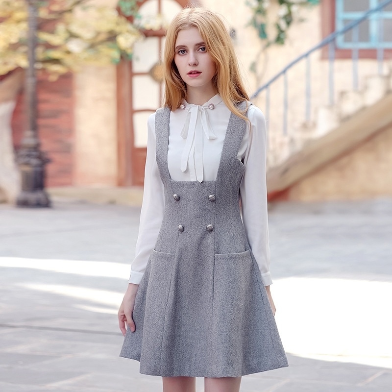 Solid Color Collar Zipper Stitching Fashion Woolen Vest Skirt
