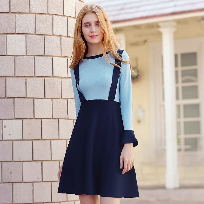 Round Collar Hit Color Horn Sleeves Fake Two Knit Dress