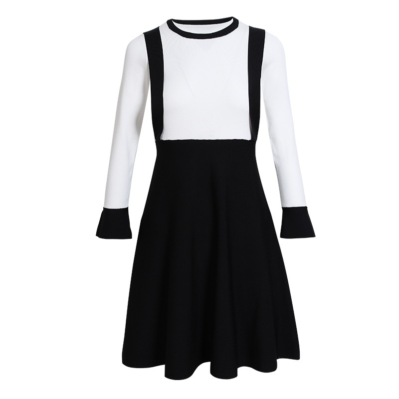 Round Collar Hit Color Horn Sleeves Fake Two Knit Dress