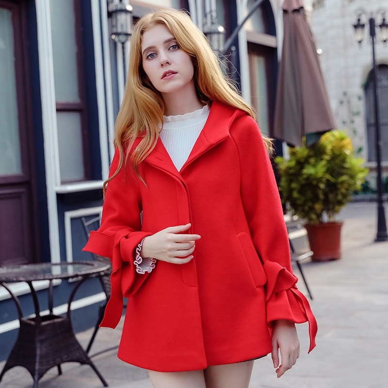 Bow Knotted Hooded Single-Breasted Woolen Jacket