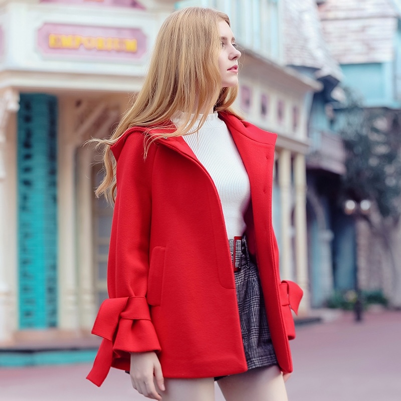 Bow Knotted Hooded Single-Breasted Woolen Jacket